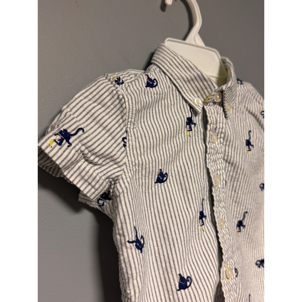 Boden Kids Monkey Embroidered Pinstripe Short Sleeve Button Down Shirt 2-3Y 98cm - Picture 2 of 7